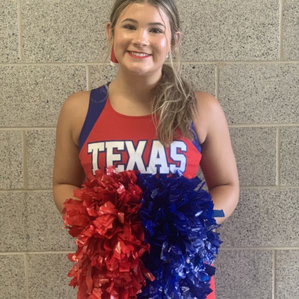  cheerleader in red and blue jersey